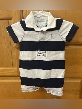 Ralph Lauren Baby Boy's Cotton Knit Blue and White Striped  Romper Size 3 Months